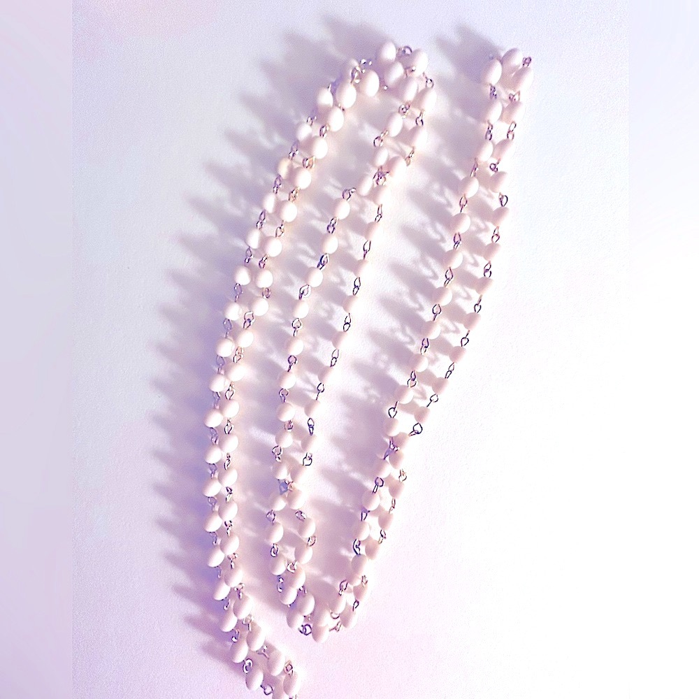 Necklace Vintage “Summer Whites” Long small round, hard plastic beads, goldtone